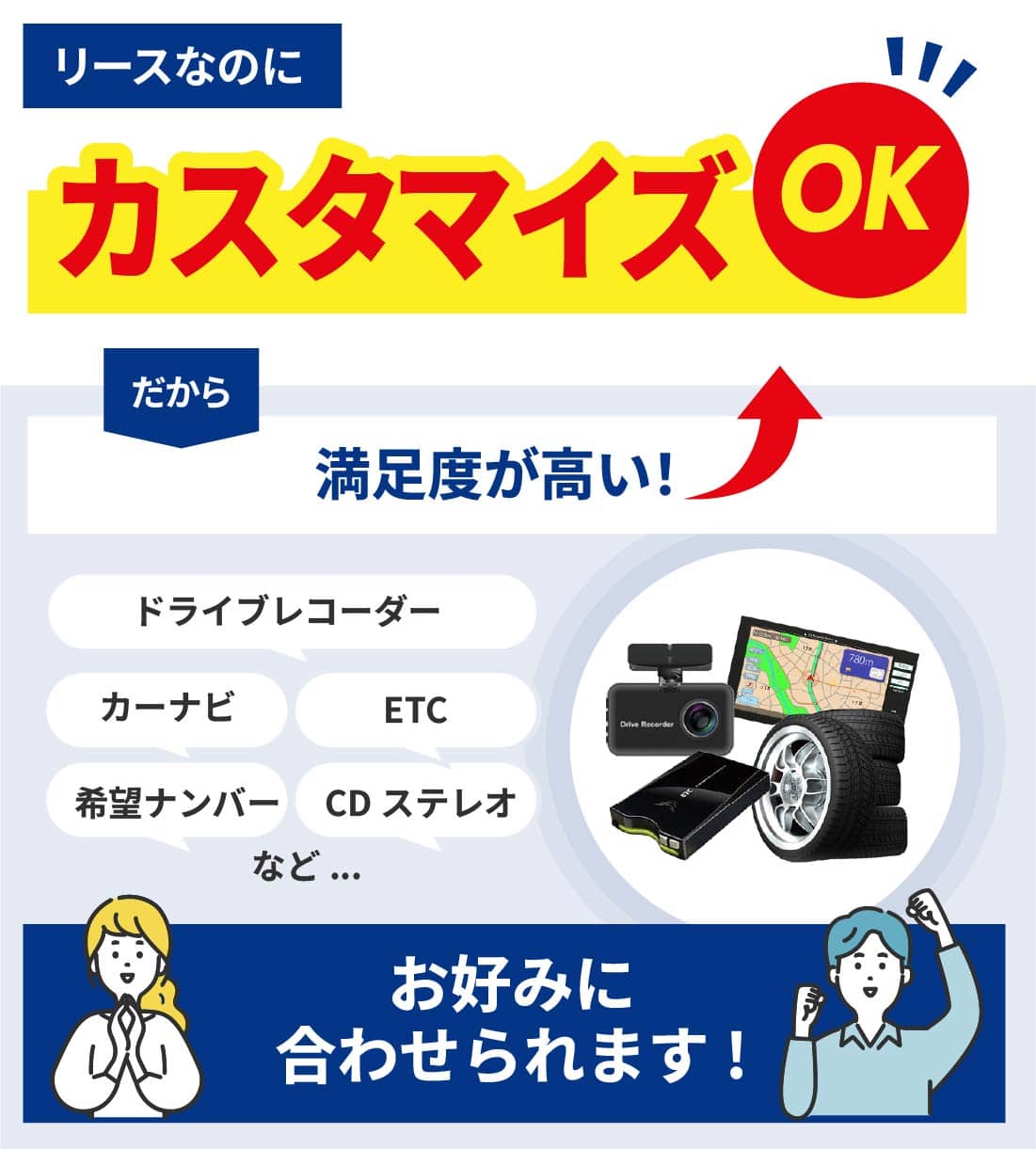 ドライブレコーダー、カーナビ、ETC、希望ナンバー、CDステレオなどお好みに合わせてカスタマイズが可能！